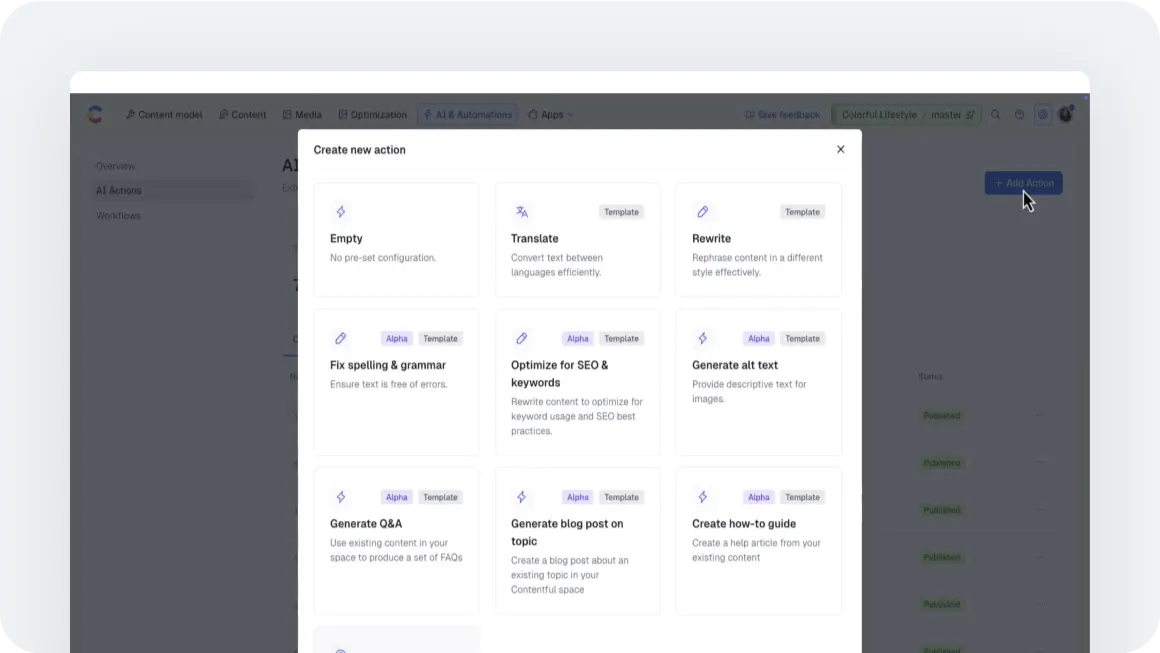 Menu of AI content actions showing options like Translate, Rewrite, Generate alt text, and Create blog posts in a modern interface