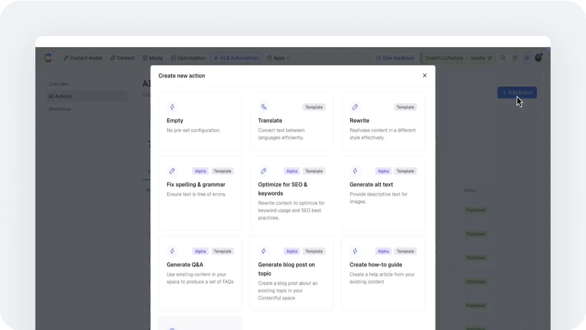 Menu of AI content actions showing options like Translate, Rewrite, Generate alt text, and Create blog posts in a modern interface