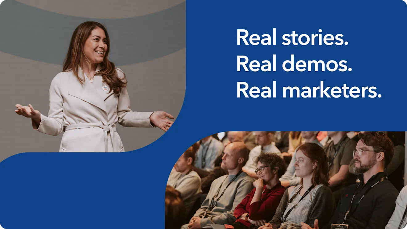 Contentful VP Product Marketing Kemberly Gong, presenting to engaged audience at marketing conference, with text "Real stories. Real demos. Real marketers."