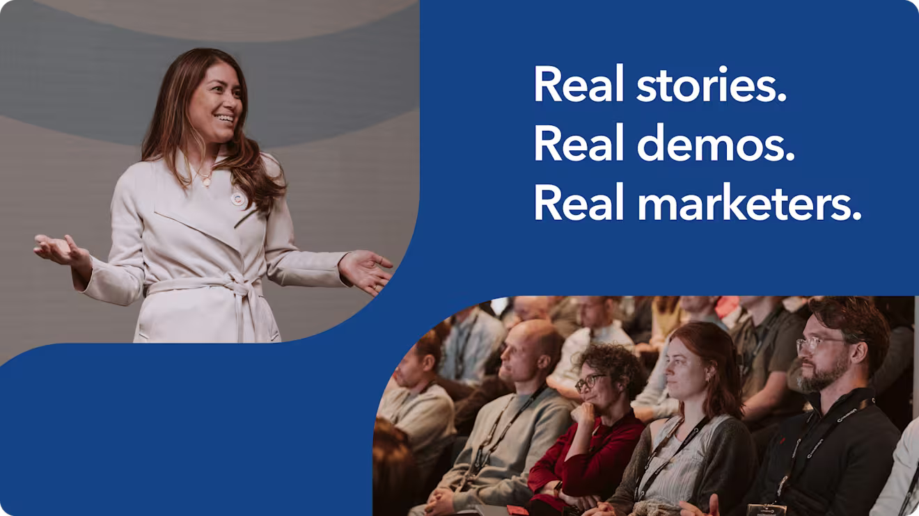 Contentful VP Product Marketing Kemberly Gong, presenting to engaged audience at marketing conference, with text "Real stories. Real demos. Real marketers."