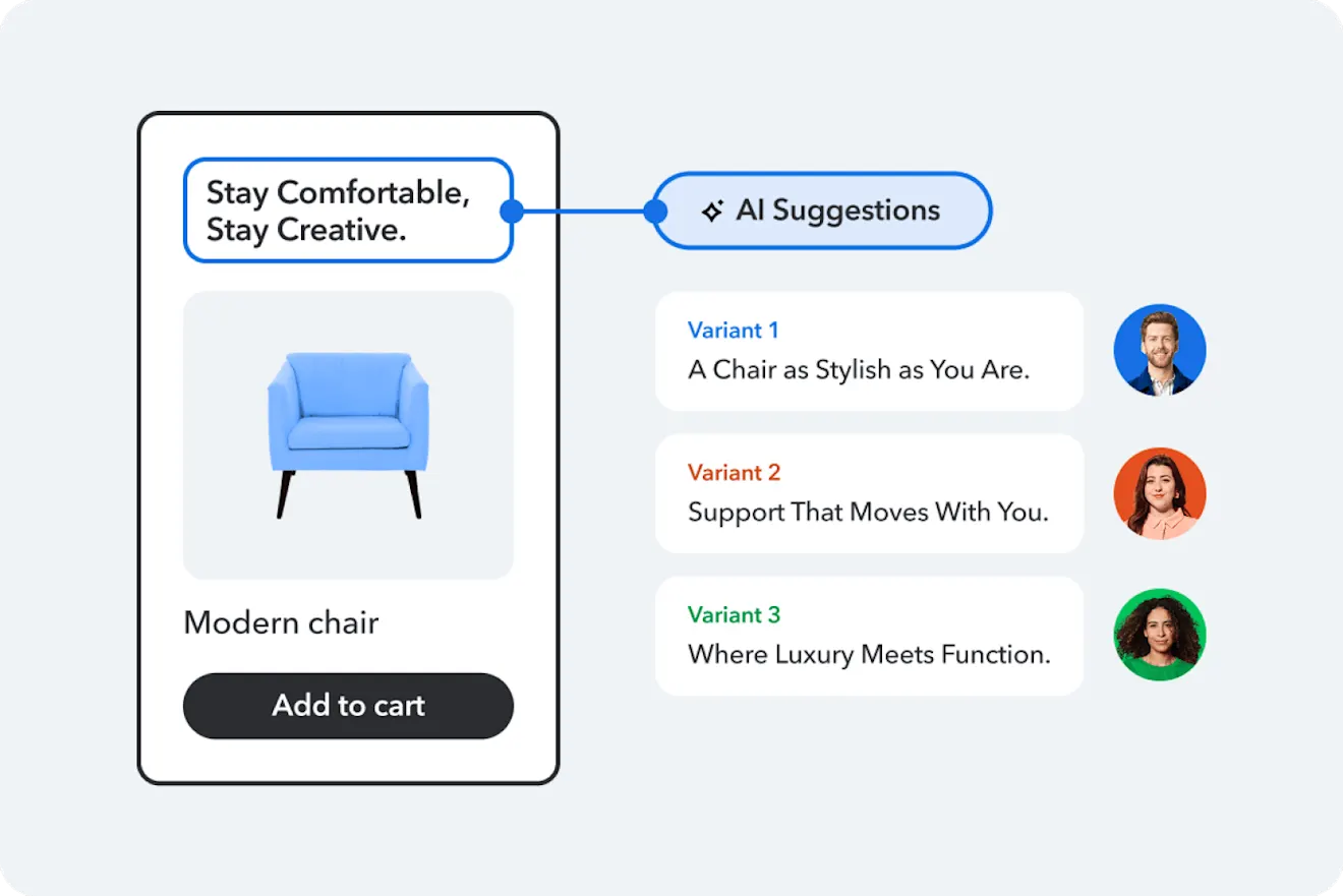 Interface showing AI-generated marketing suggestions for a modern blue armchair product listing, with three variant taglines and user avatars