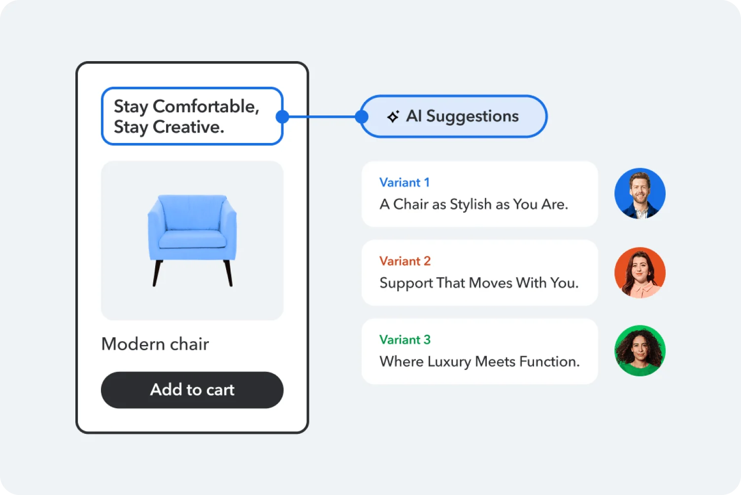 Interface showing AI-generated marketing suggestions for a modern blue armchair product listing, with three variant taglines and user avatars