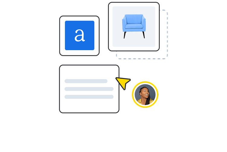 Illustration showing content elements: a blue letter 'a', furniture icon, and text block with profile avatar on black background