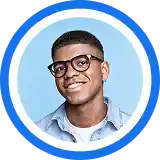 A smiling person wearing glasses and a light blue button-down shirt against a circular blue background