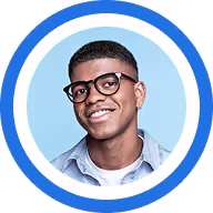 A smiling person wearing glasses and a light blue button-down shirt against a circular blue background