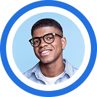 A smiling person wearing glasses and a light blue button-down shirt against a circular blue background