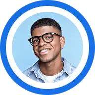 A smiling person wearing glasses and a light blue button-down shirt against a circular blue background