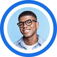 A smiling person wearing glasses and a light blue button-down shirt against a circular blue background