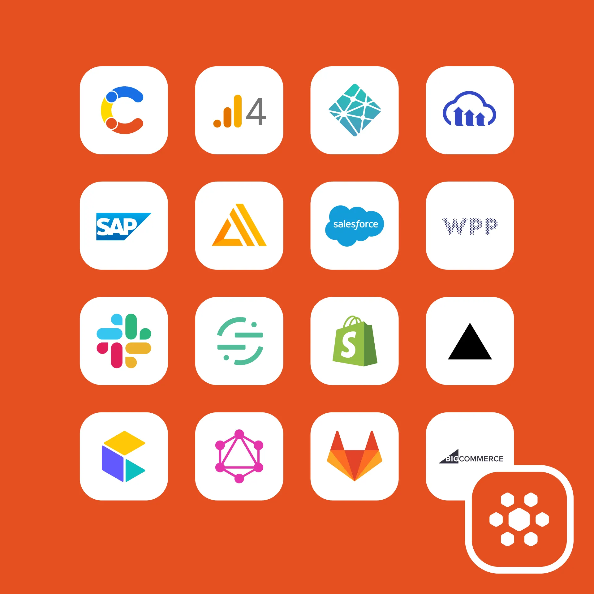 Grid of partner app logos on orange background with a hexagonal connector icon in the corner.