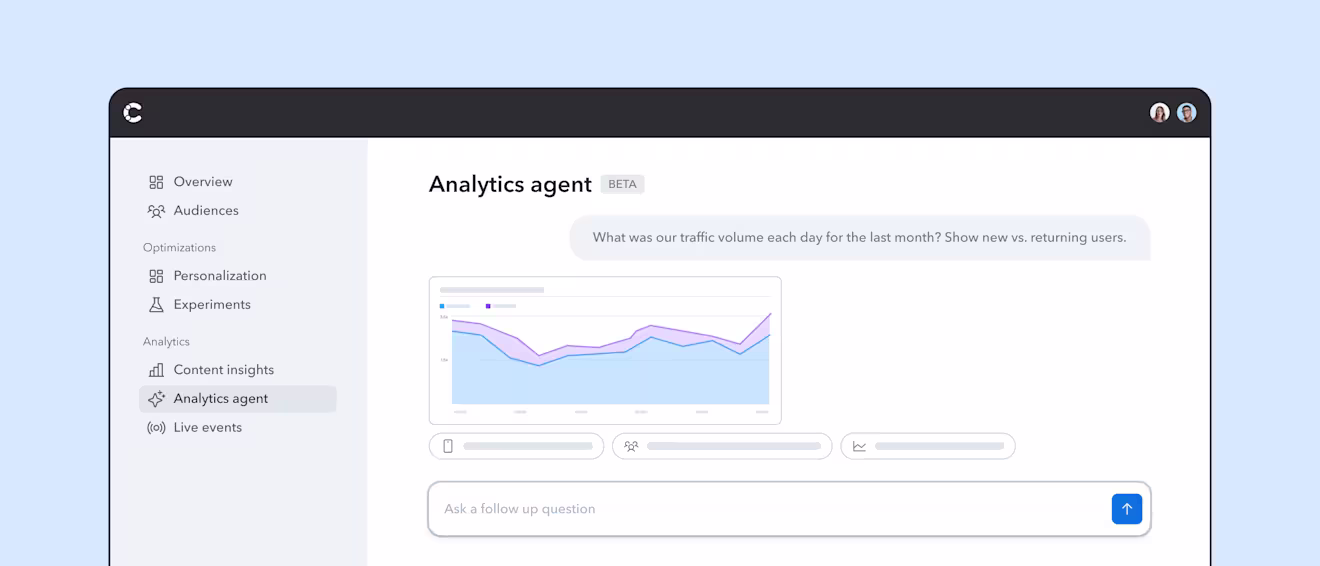 Analytics dashboard showing line graph of daily traffic volume with purple and blue lines comparing new vs returning users over past month
