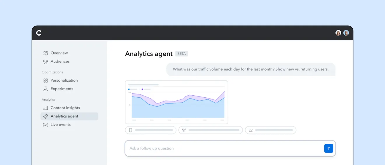 Analytics dashboard showing line graph of daily traffic volume with purple and blue lines comparing new vs returning users over past month