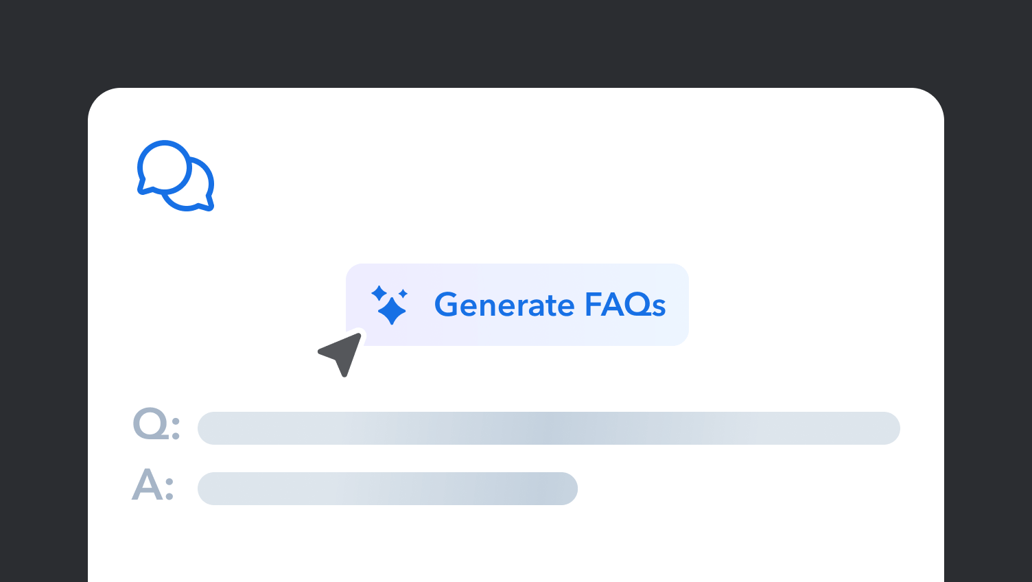 Interface showing "Generate FAQs" button with chat bubbles icon and placeholder text for Q&A format below