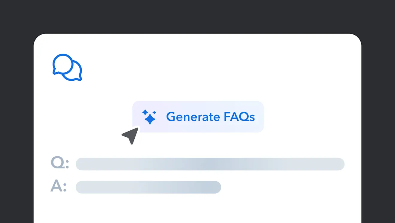 Interface showing "Generate FAQs" button with chat bubbles icon and placeholder text for Q&A format below