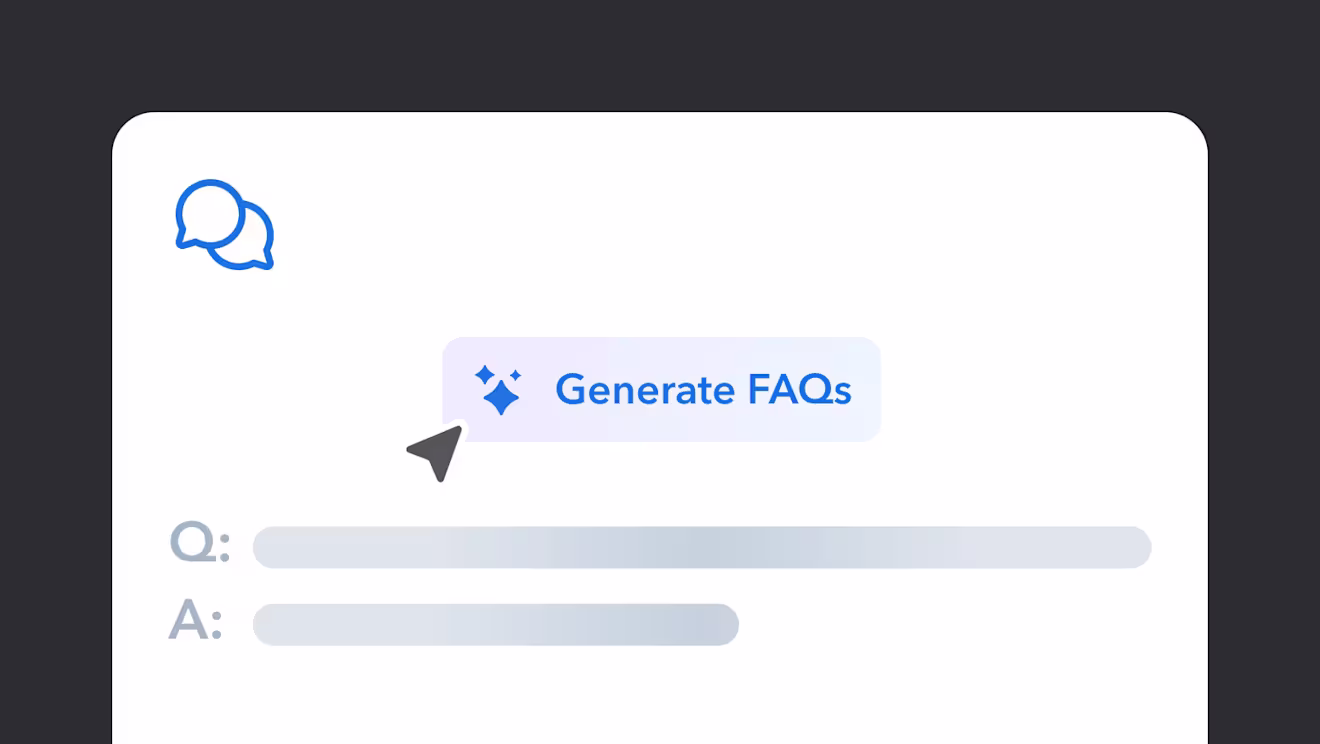 Interface showing "Generate FAQs" button with chat bubbles icon and placeholder text for Q&A format below