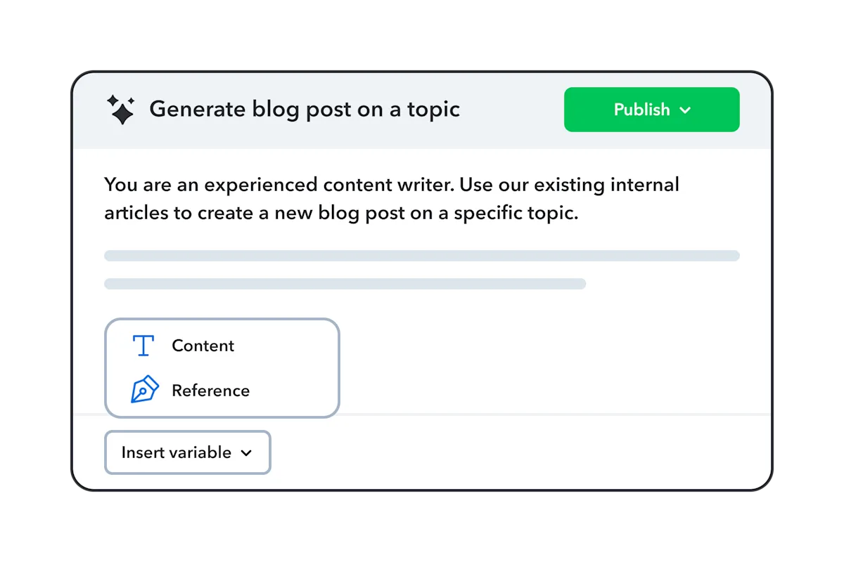 Content creation interface showing text editor with "Content" and "Reference" tabs, "Insert variable" dropdown, and green "Publish" button