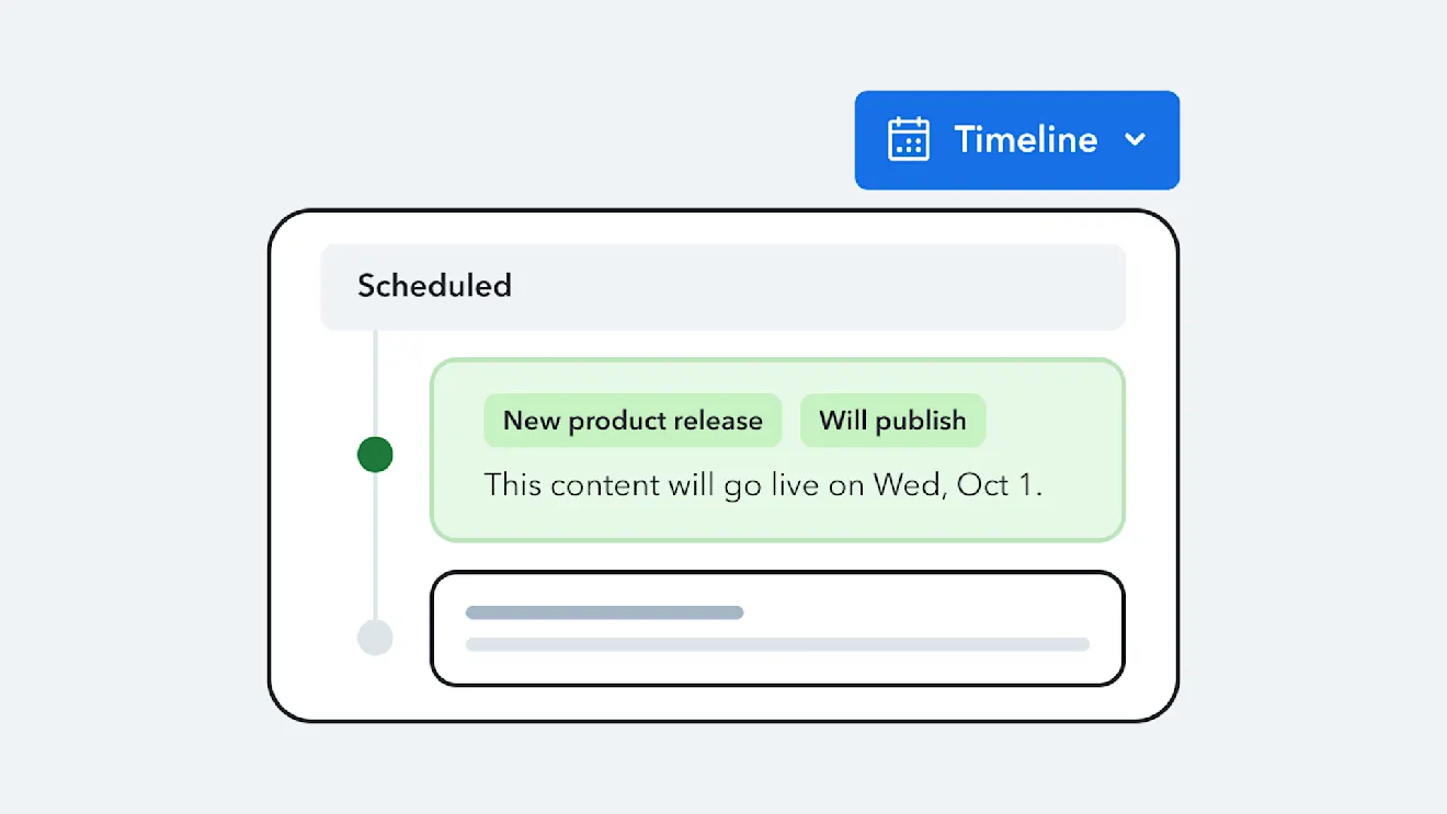 Timeline interface showing scheduled new product release with "Will publish" status, set to go live on Wednesday, October 1st