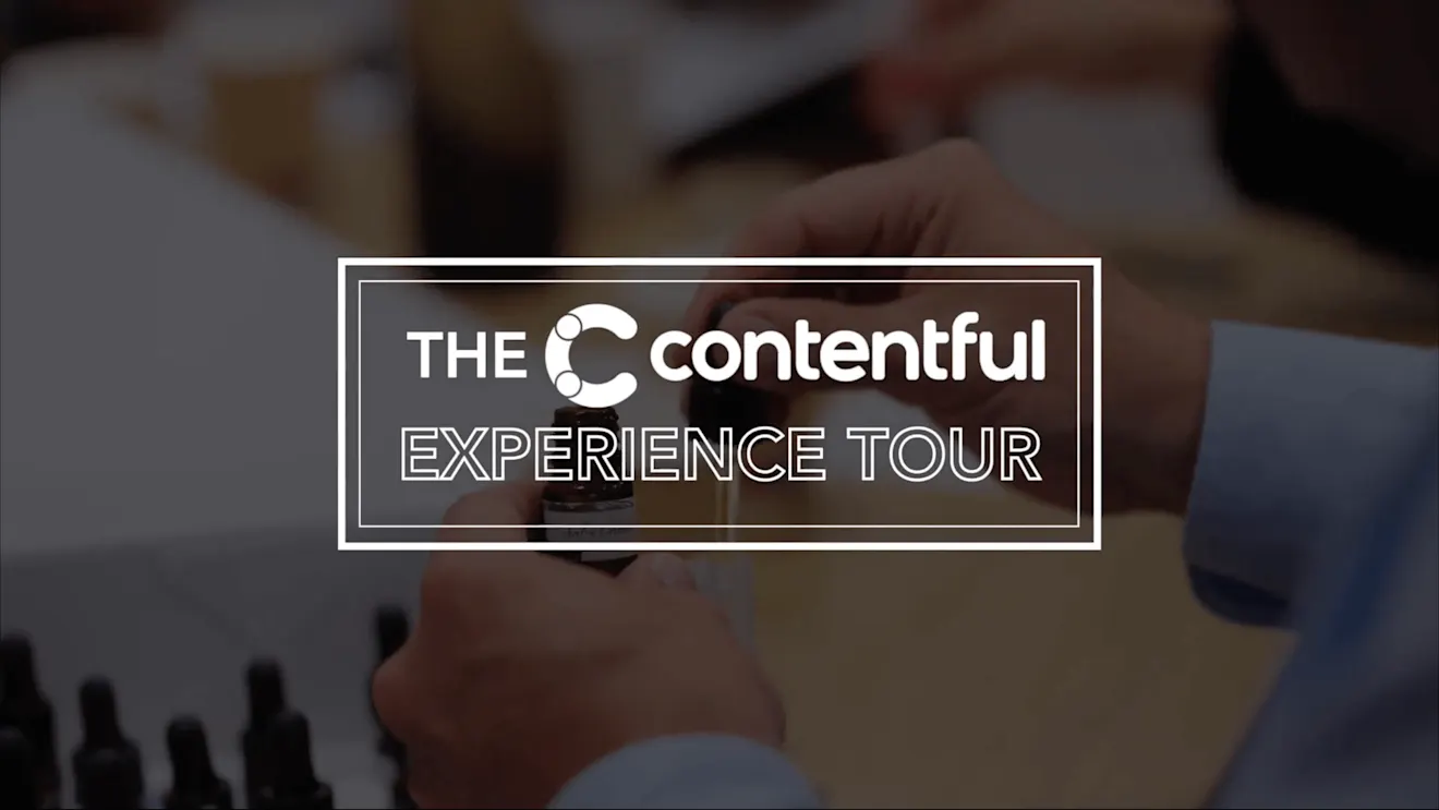 White text logo reading "THE contentful EXPERIENCE TOUR" on a blurred background with rectangular frame design