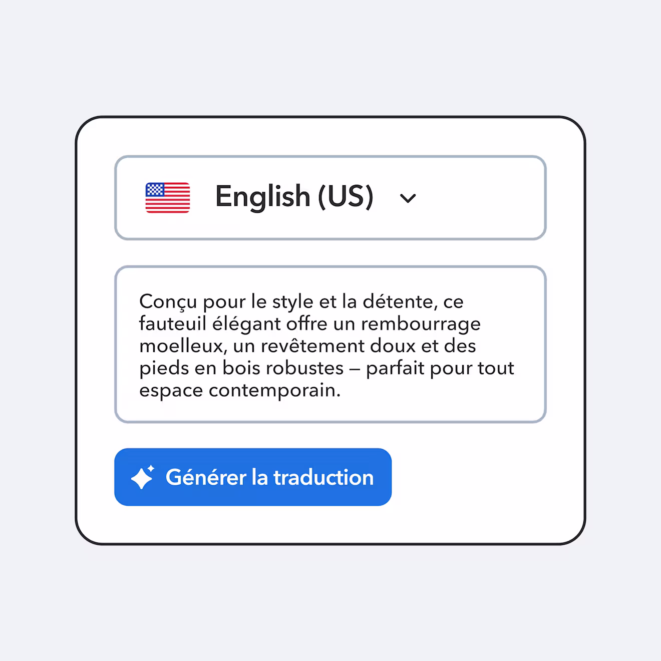 Translation interface showing German language selection and product description text, with a blue "Generate translation" button below