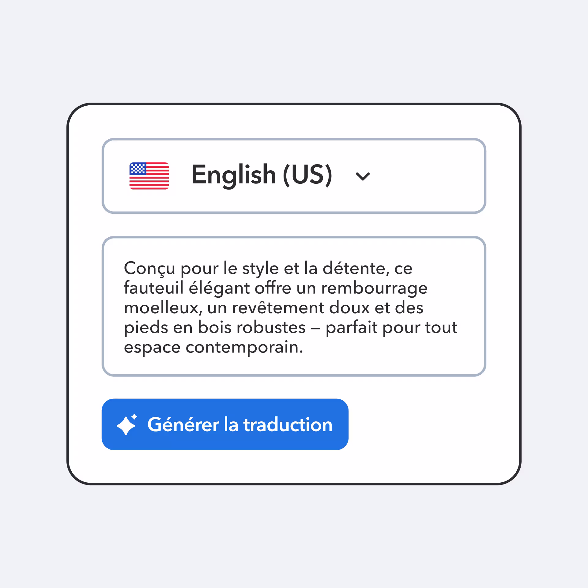 Translation interface showing German language selection and product description text, with a blue "Generate translation" button below