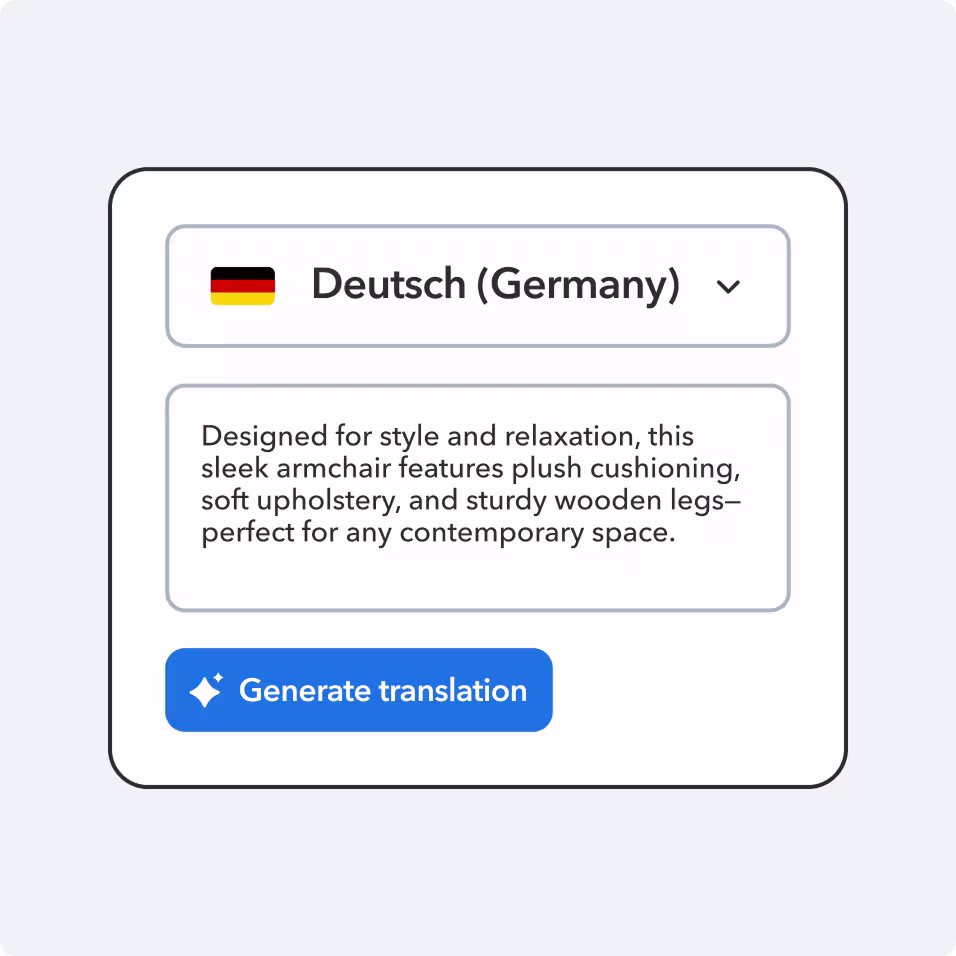 Translation interface showing German language selection and product description text, with a blue "Generate translation" button below