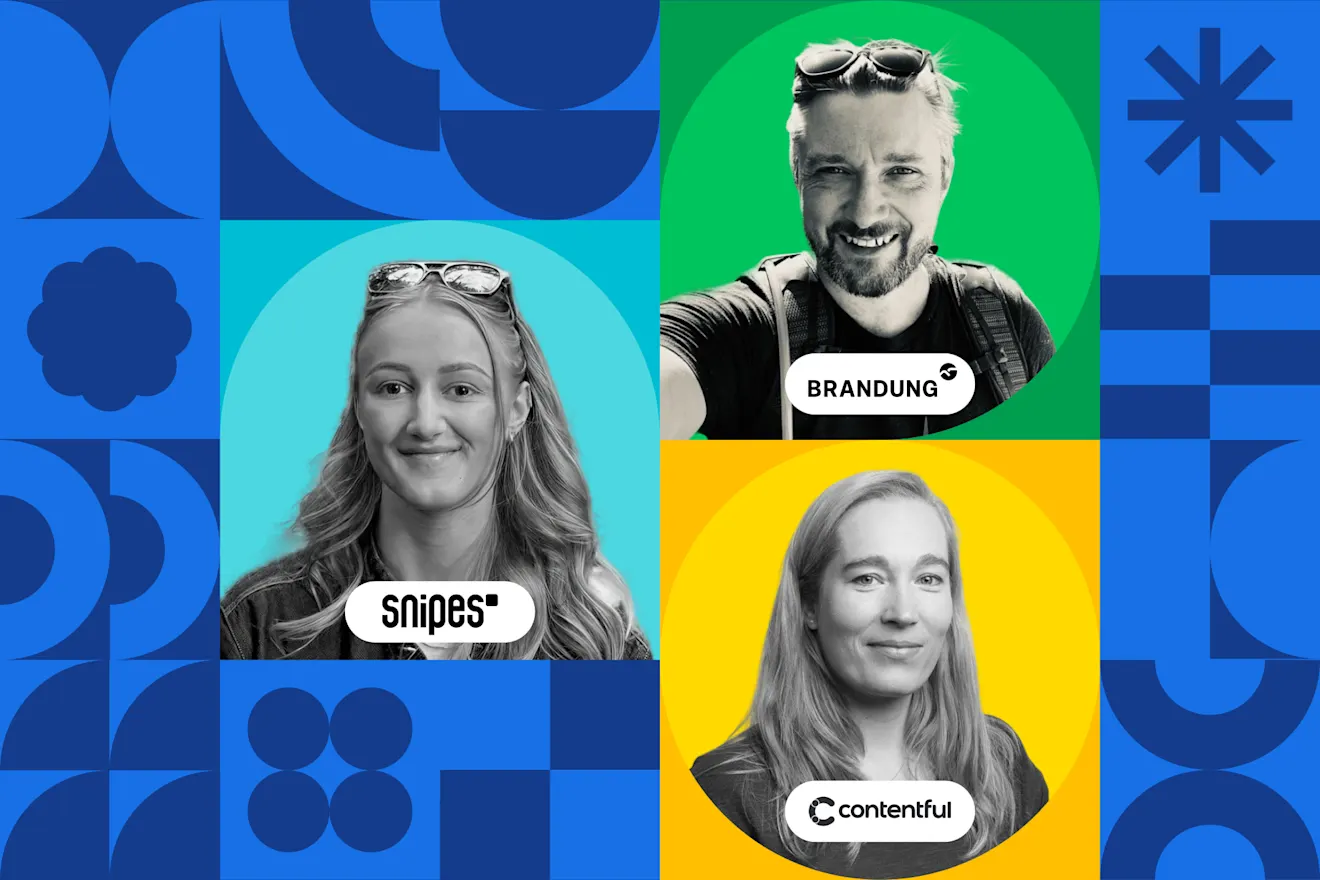 Three smiling professionals on colorful backgrounds with logos for Snipes, Brandung, and Contentful on a blue geometric backdrop.