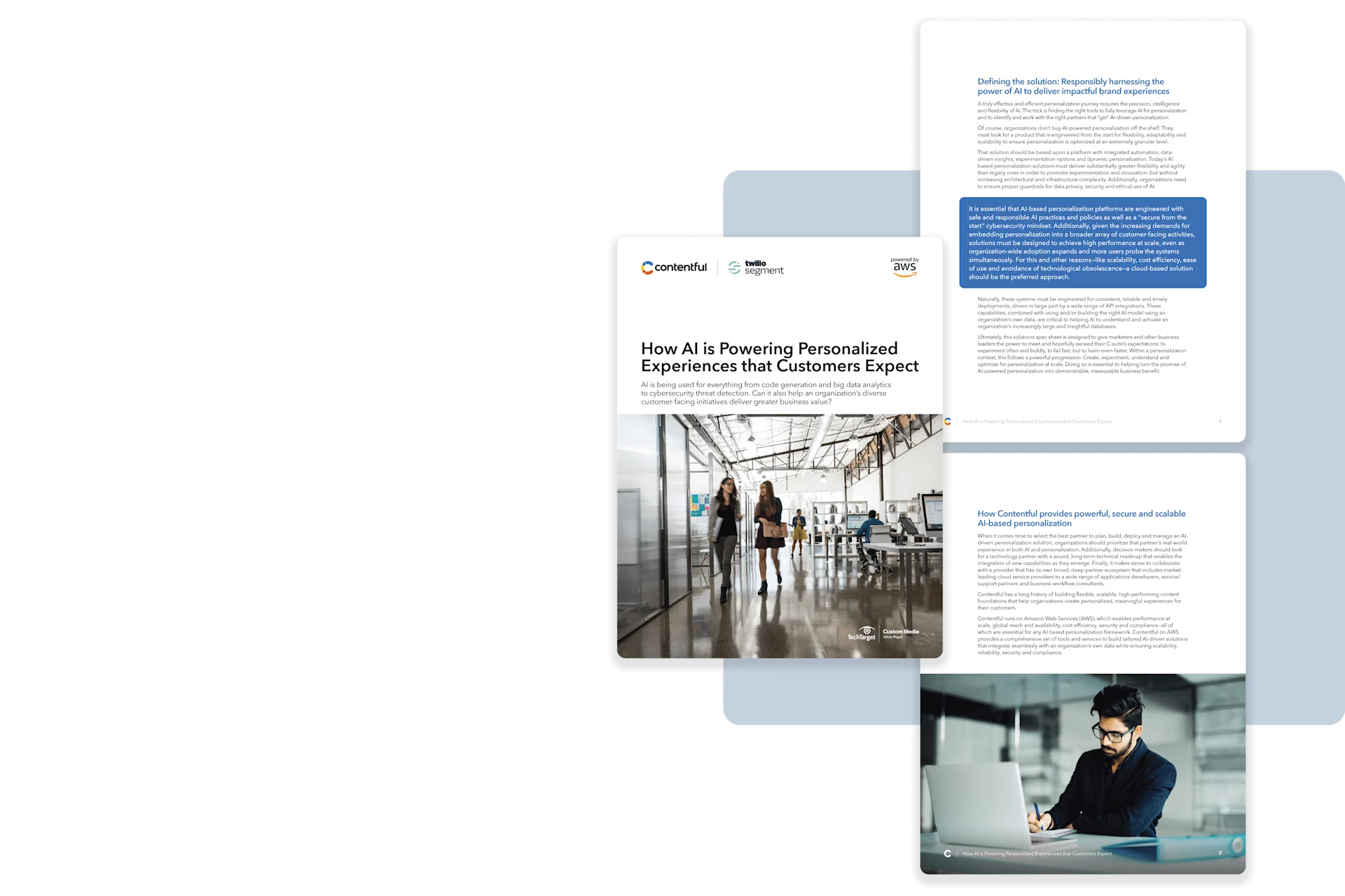 A white paper layout showing text content, company logos, and images of an office space and person working at laptop