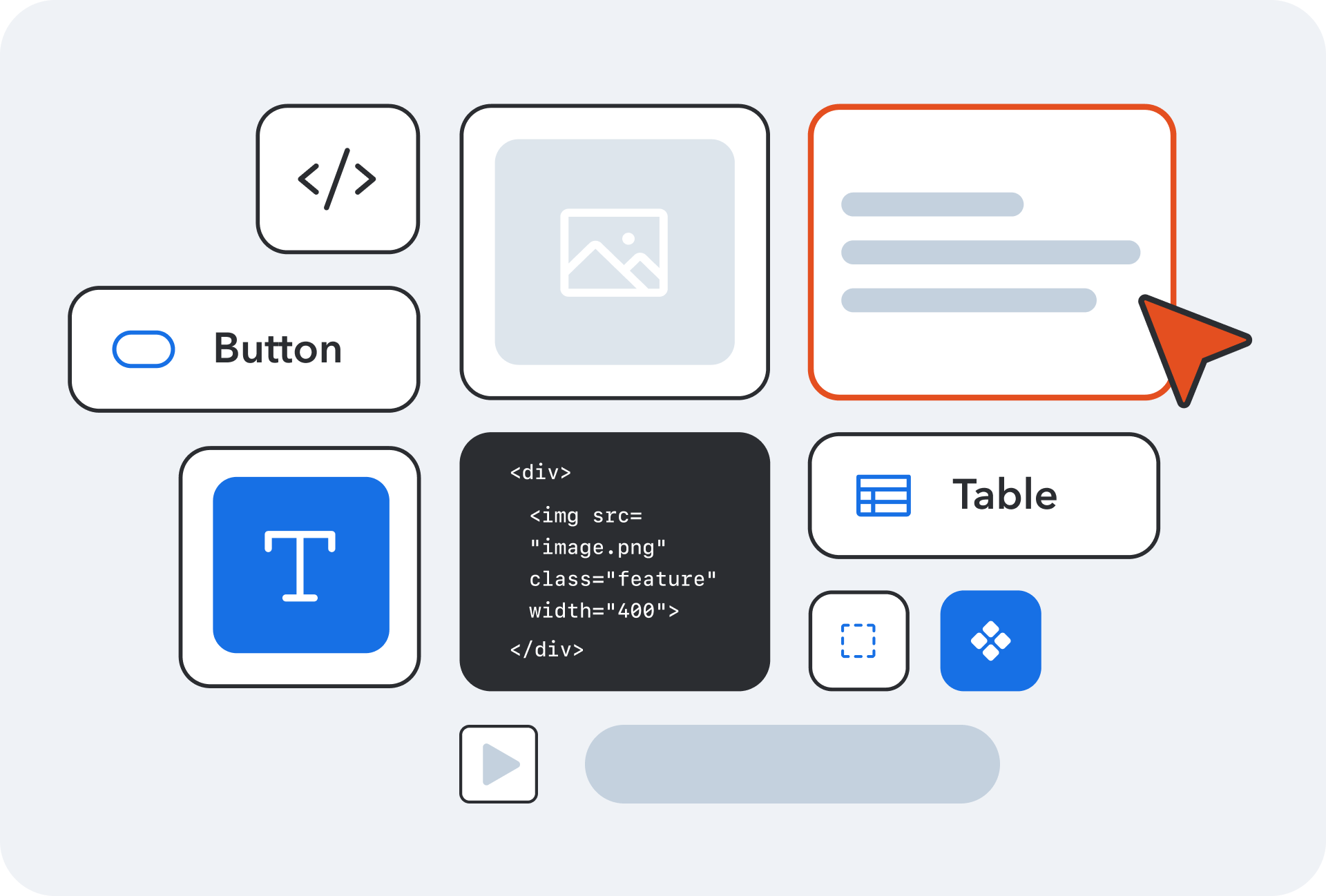 Collection of UI elements including code snippet, button, image placeholder, text area, table icon, and media player controls