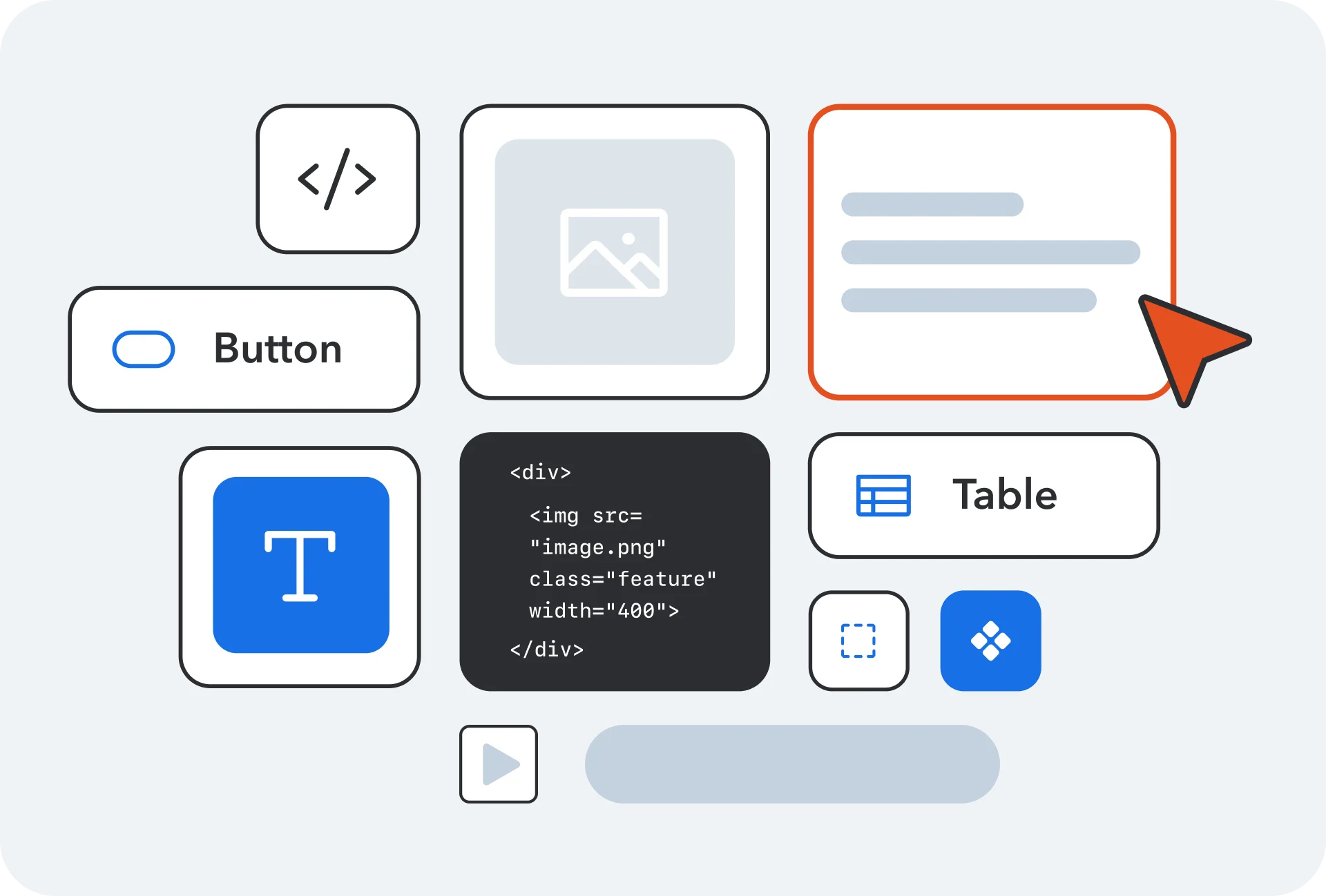 Collection of UI elements including code snippet, button, image placeholder, text area, table icon, and media player controls