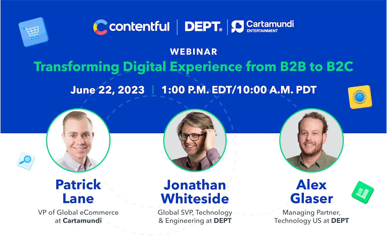 Webinar promotional image showing three speakers and company logos for a digital transformation event on June 22, 2023 with blue background