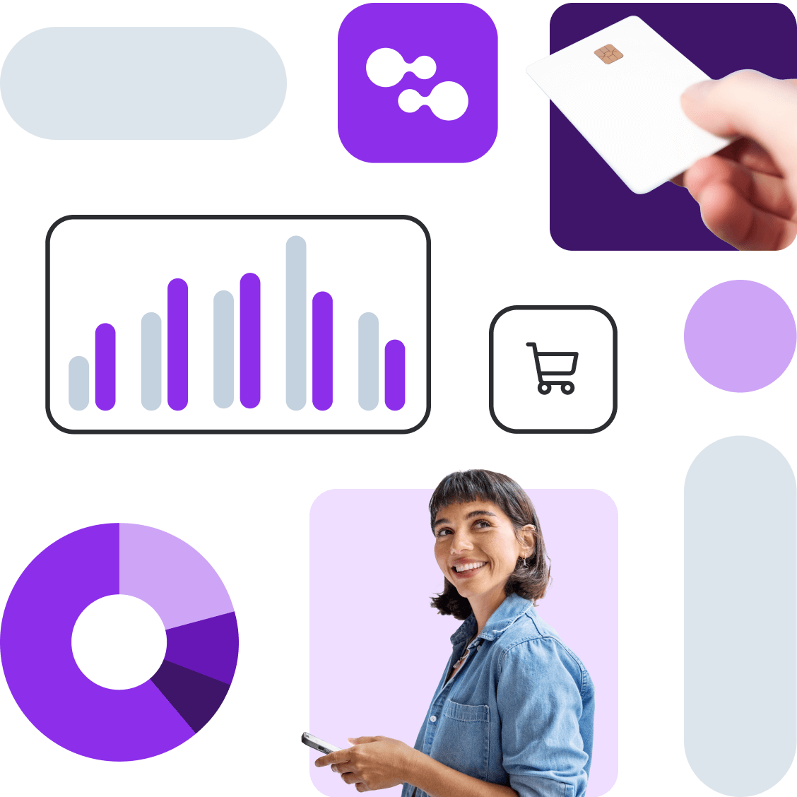 Business analytics collage with purple donut chart, bar graph, shopping cart icon, credit card, and person using smartphone