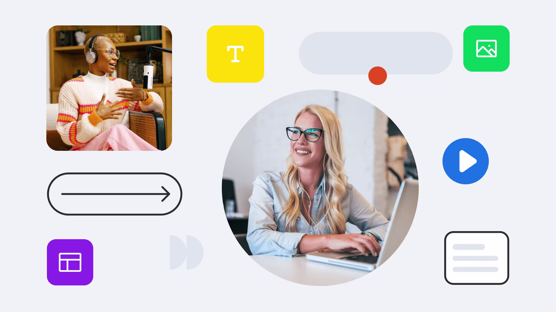 Content creators working remotely with laptops and headphones, surrounded by app icons and design elements in a modern interface layout