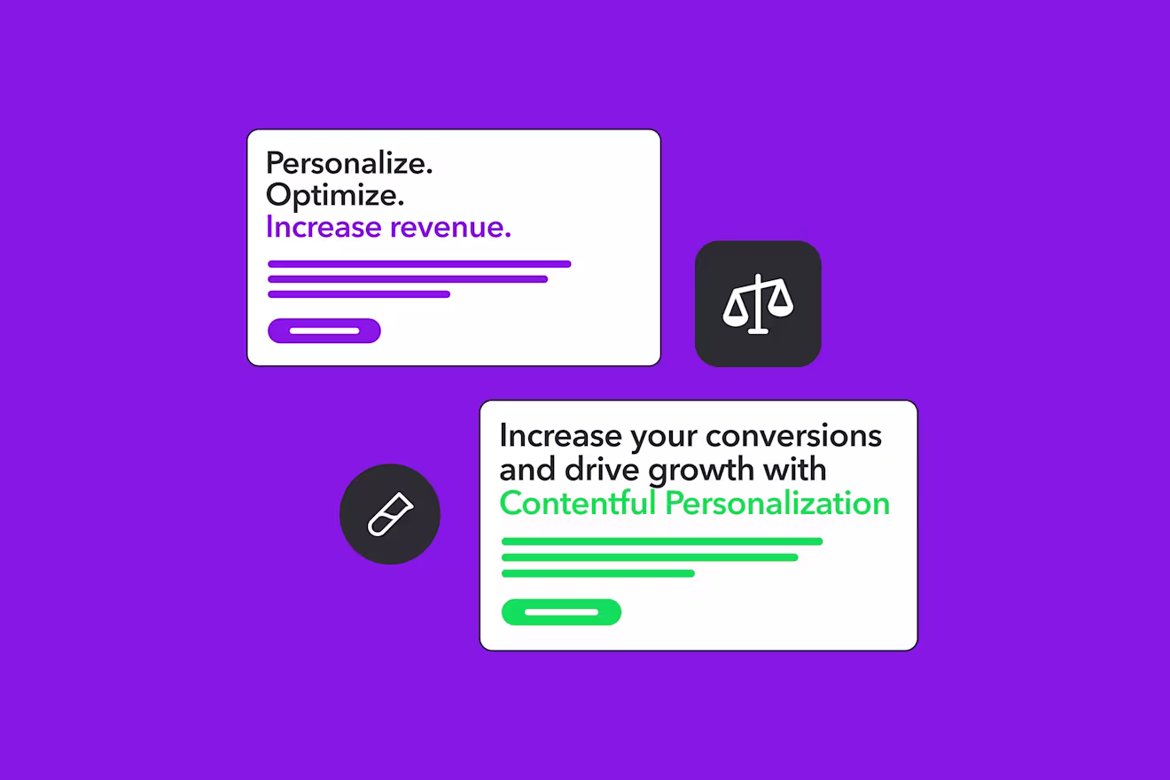 Two white cards on purple background showing marketing text about personalization and optimization, with black circular icons