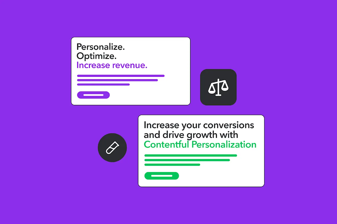 Two white cards on purple background showing marketing text about personalization and optimization, with black circular icons