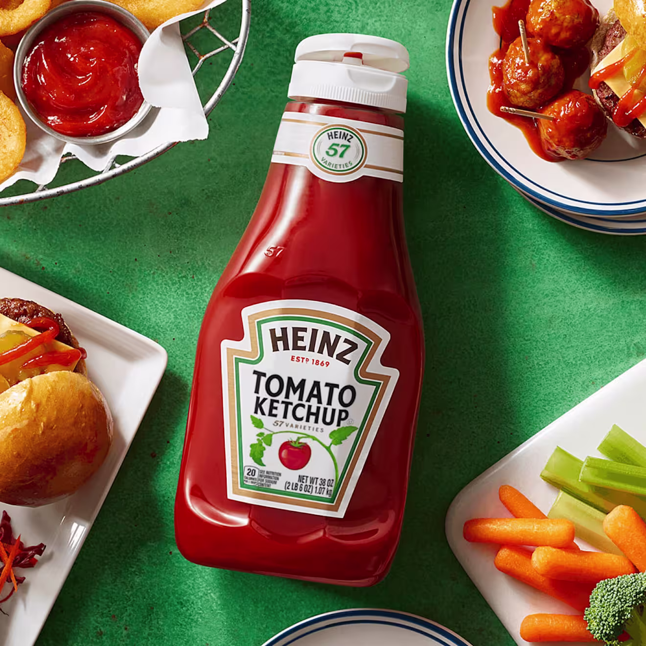 A Heinz ketchup bottle on a table viewed from above.