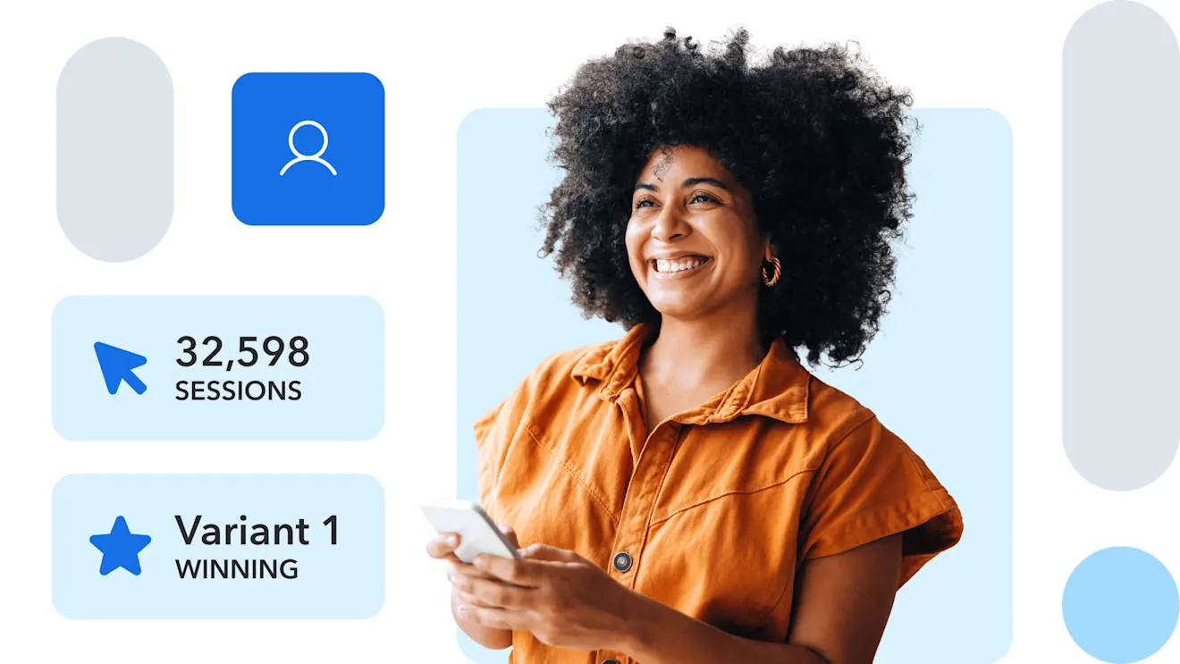 A smiling woman with curly hair in an orange top holding a phone, with UI cards reading "32,598 SESSIONS" and "Variant 1 WINNING".