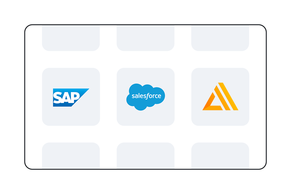 Logos of three enterprise software companies: SAP with blue cloud shape, Salesforce with blue cloud icon, and orange abstract symbol