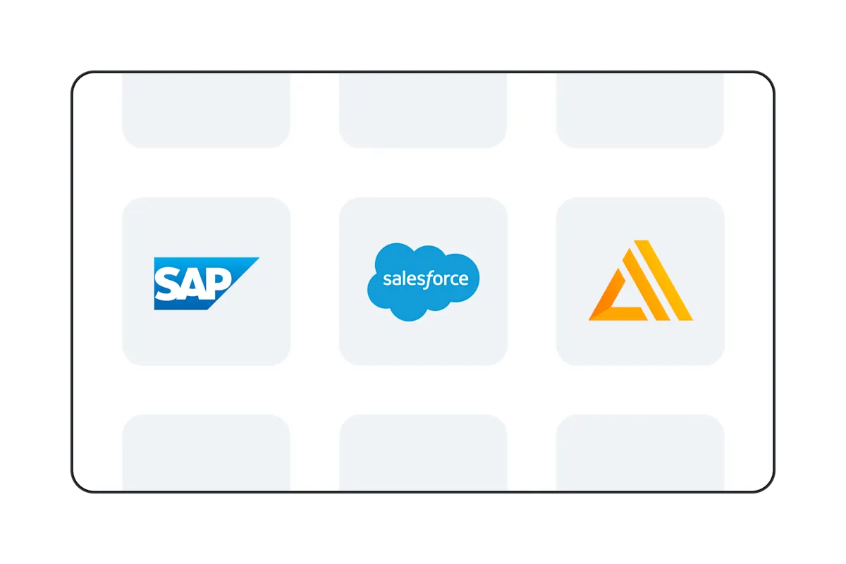Logos of three enterprise software companies: SAP with blue cloud shape, Salesforce with blue cloud icon, and orange abstract symbol