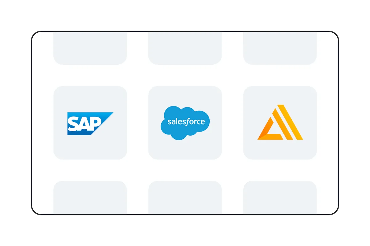 Logos of three enterprise software companies: SAP with blue cloud shape, Salesforce with blue cloud icon, and orange abstract symbol