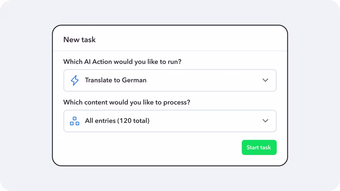 Widget of a new Contentful AI Action task to translate content to German 