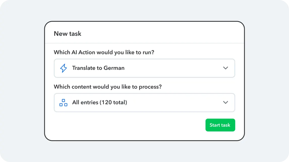 Widget of a new Contentful AI Action task to translate content to German 