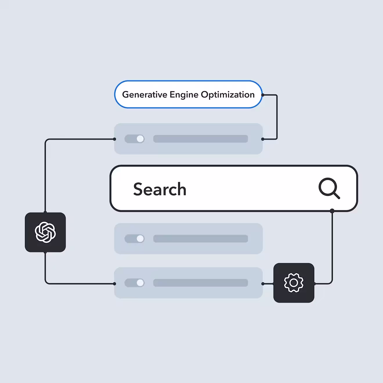 Minimalist diagram showing search and generative engine optimization process with connected nodes and settings icons on light blue background