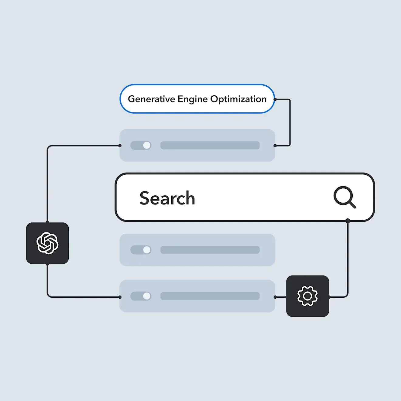 Minimalist diagram showing search and generative engine optimization process with connected nodes and settings icons on light blue background