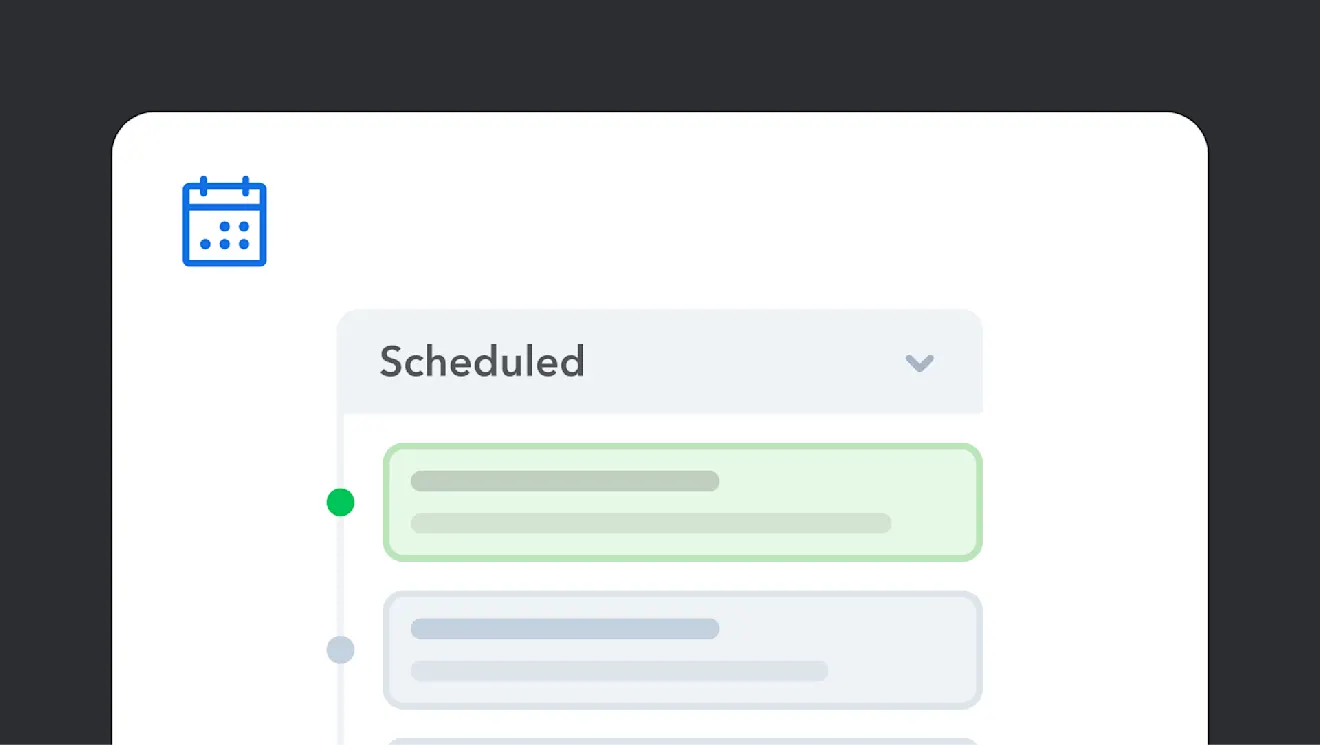A minimalist interface showing a calendar icon and "Scheduled" text with chat message bubbles below in green and gray colors