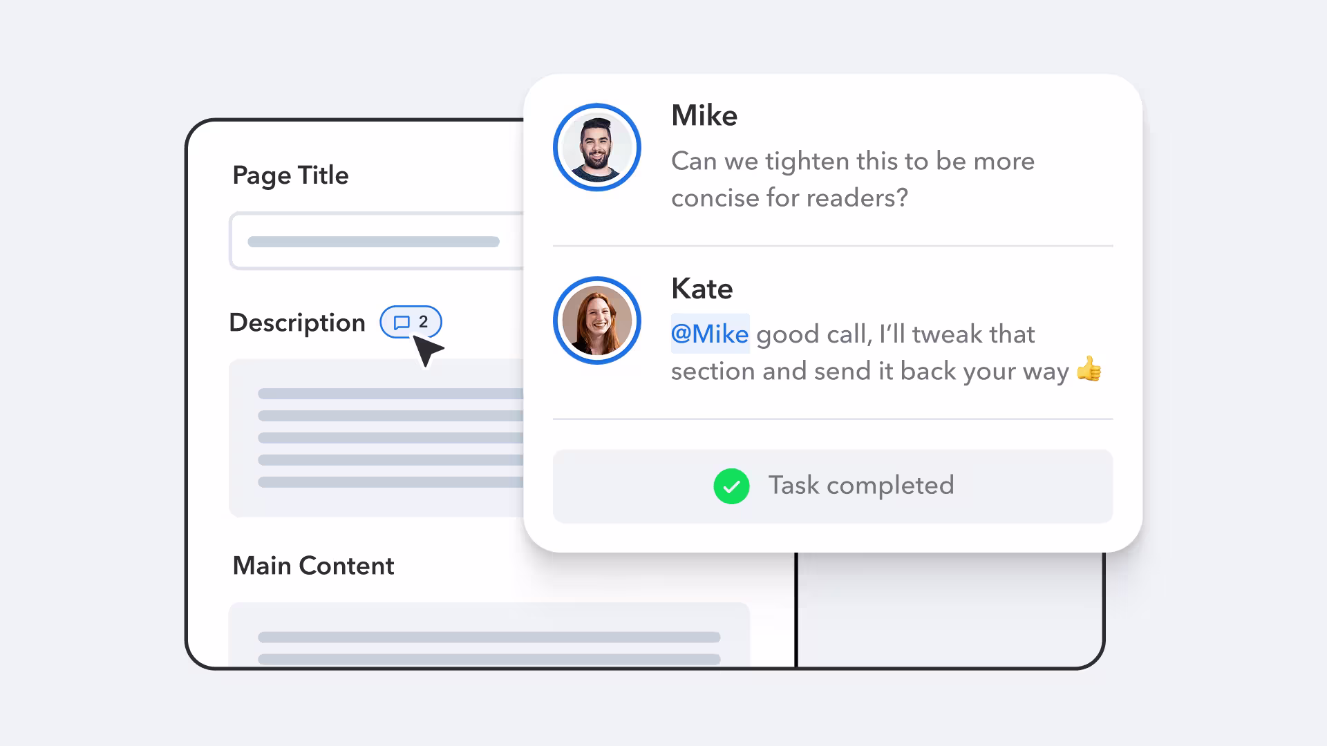 A comment thread showing feedback on content length, with two team members discussing edits and a green completion checkmark