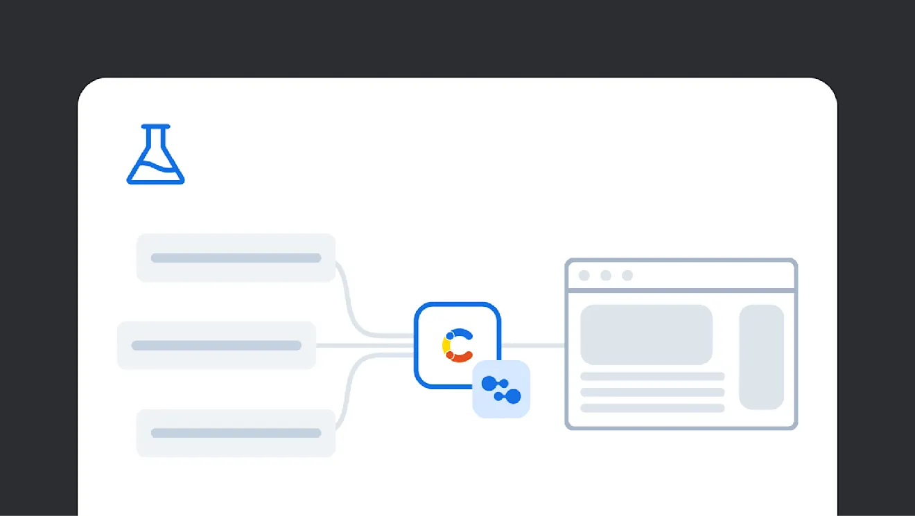 Minimalist illustration showing a blue laboratory flask icon above a wireframe interface design with light gray elements and blue accents