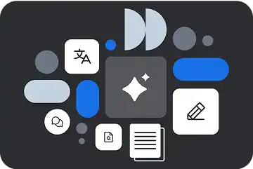 Various app icons and UI elements in white, blue and gray arranged in a circular pattern on a dark background
