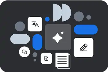 Various app icons and UI elements in white, blue and gray arranged in a circular pattern on a dark background
