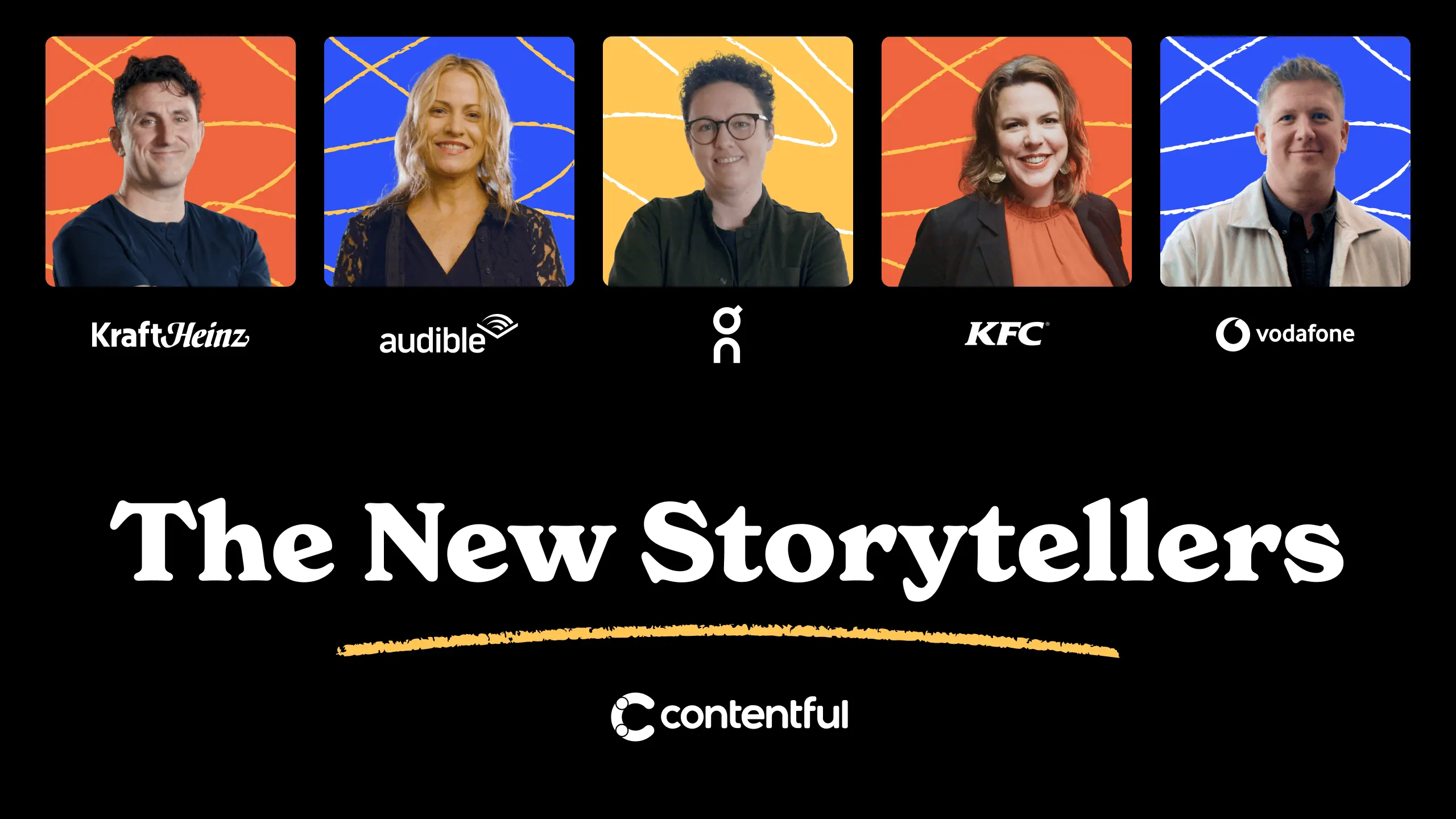 Promo banner with five brand portraits and The New Storytellers title on black background