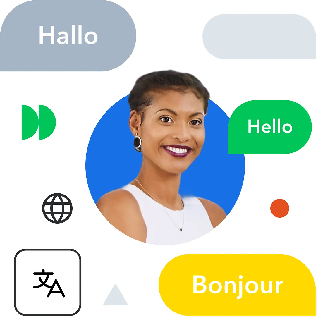 Professional portrait surrounded by multilingual greeting bubbles saying "Hello", "Hallo", and "Bonjour" with translation and globe icons