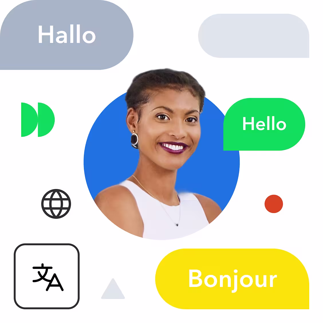 Professional portrait surrounded by multilingual greeting bubbles saying "Hello", "Hallo", and "Bonjour" with translation and globe icons